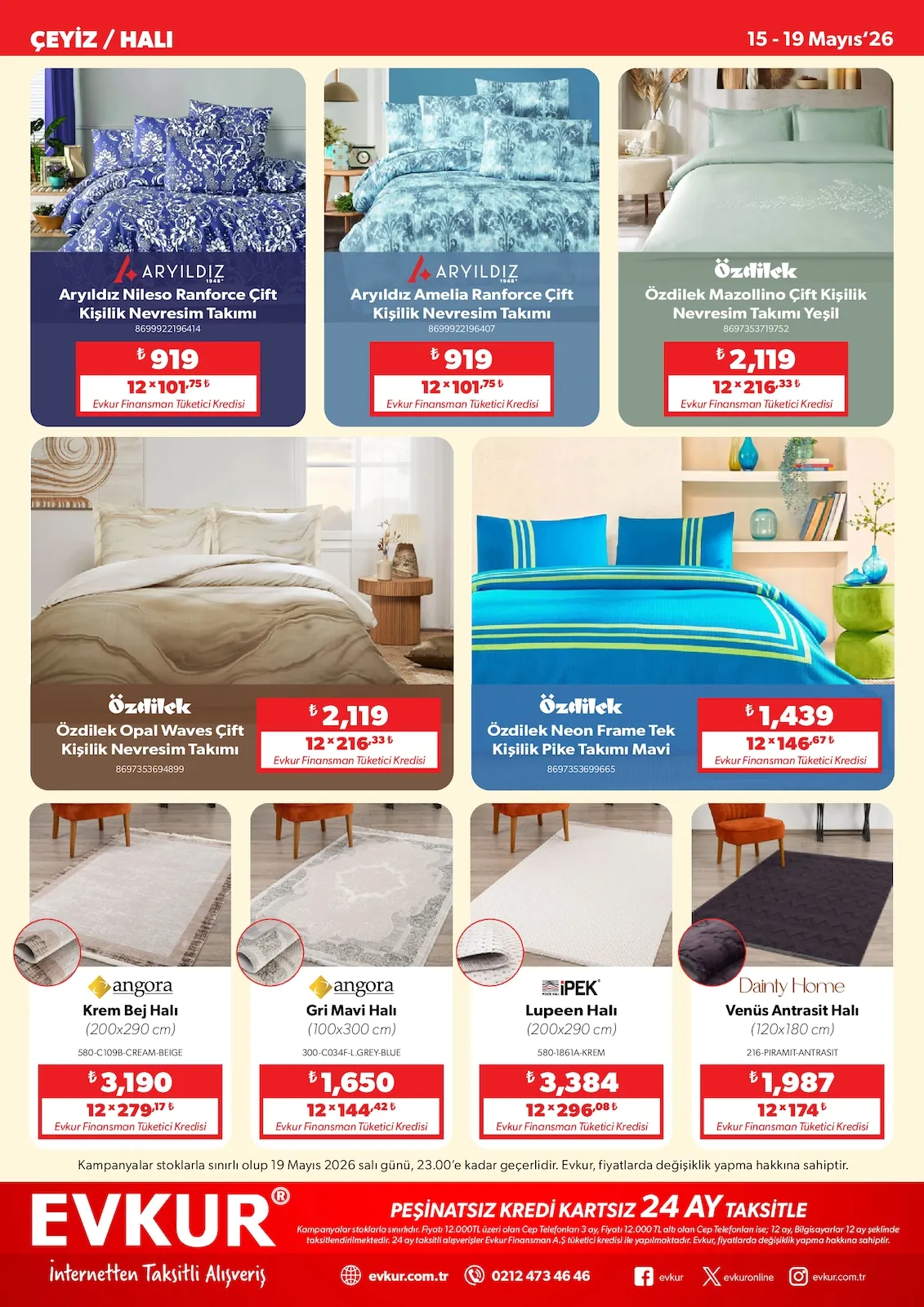 Evkur Evkur 15 Mayıs 2026 Aktüel Kataloğu sayfa 9: Angora Krem Bej Halı 200X290 Cm, Özdilek Opal Waves Çift Kişilik Nevresim Takımı