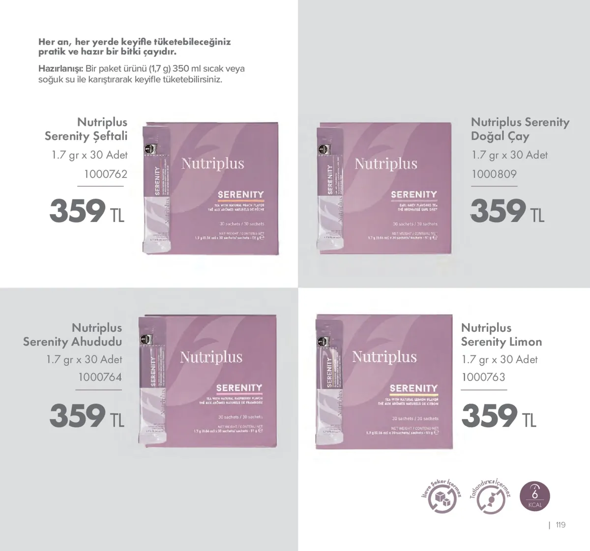 Farmasi Farmasi 1 Mayıs 2026 Aktüel Kataloğu sayfa 119: Nutriplus Serenity Ahududu 1.7 Gr X 30 Adet, Nutriplus Serenity Limon 1.7 Gr X 30 Adet