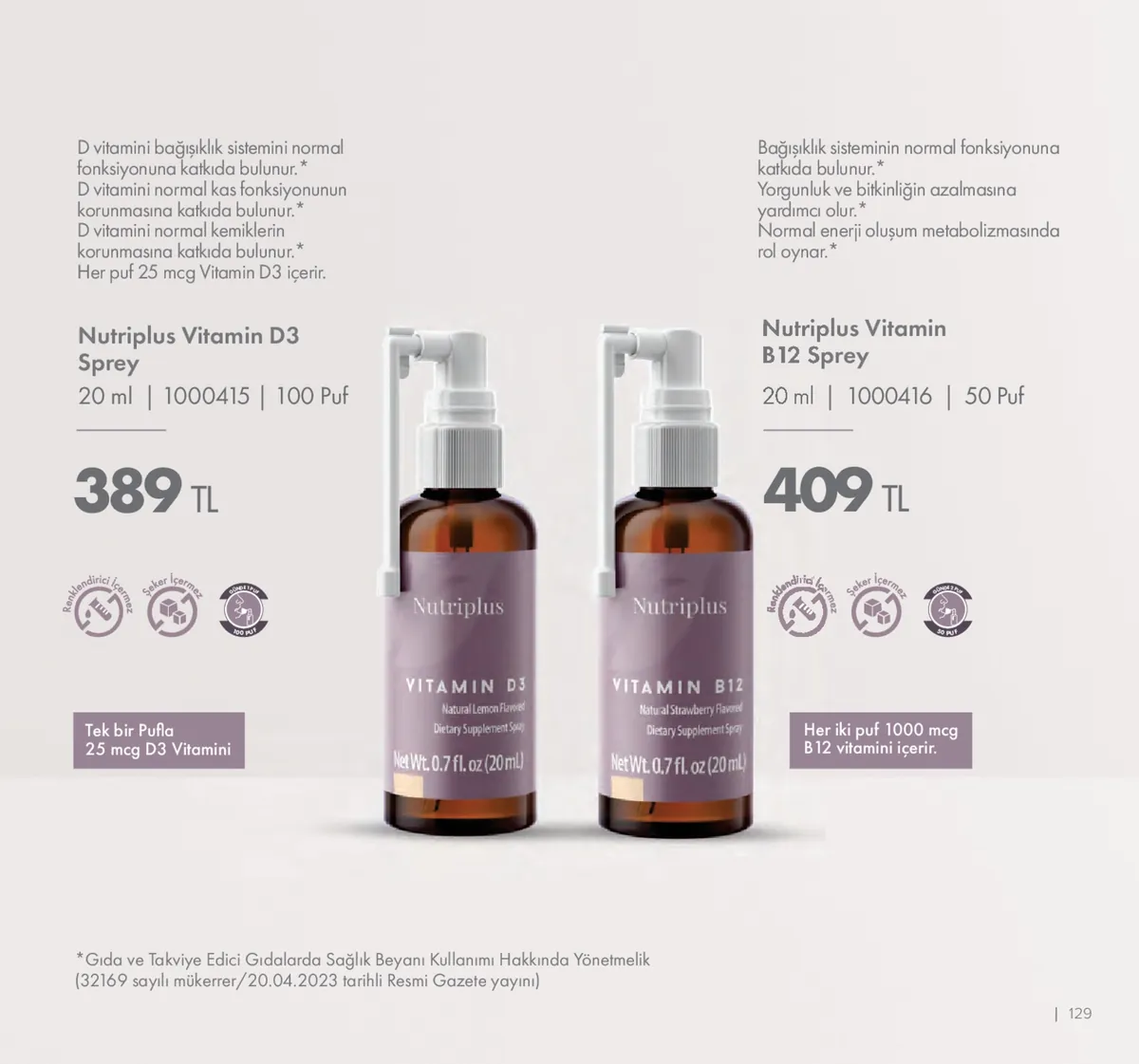 Farmasi Farmasi 1 Mayıs 2026 Aktüel Kataloğu sayfa 129: Nutriplus Vitamin B12 Sprey 20Ml, Nutriplus Vitamin D3 Sprey 20Ml