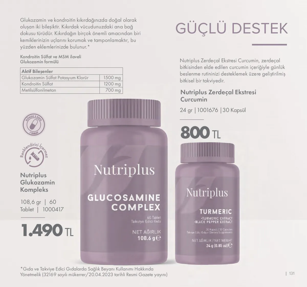 Farmasi Farmasi 1 Mayıs 2026 Aktüel Kataloğu sayfa 131: Nutriplus Zerozal Ekstresi Curcumin 24 Gr | 1001676 | 30 Kapsül, Nutriplus Glukozamin Kompleks 108,6 Gr | 60 Tablet | 1000417