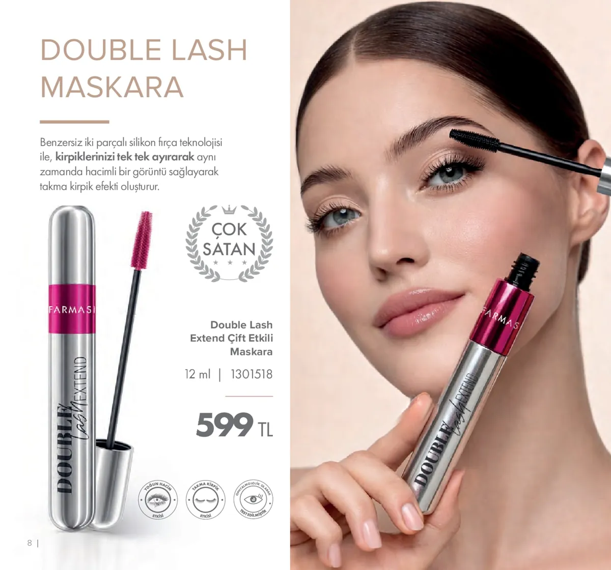 Farmasi Farmasi 1 Mayıs 2026 Aktüel Kataloğu sayfa 8: Farmasi Double Lash Extend Çift Etkili Maskara 12Ml