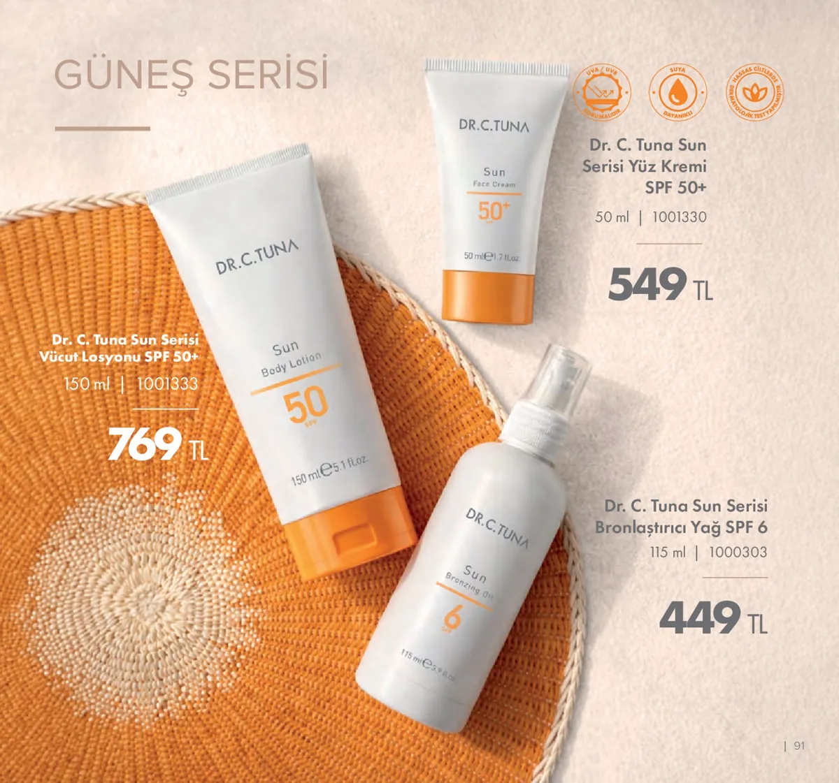 Farmasi Farmasi 1 Mayıs 2026 Aktüel Kataloğu sayfa 91: Dr. C. Tuna Sun Serisi Yüz Kremi Spf 50+, Dr. C. Tuna Sun Serisi Bronzlaştırıcı Yağ Spf 6