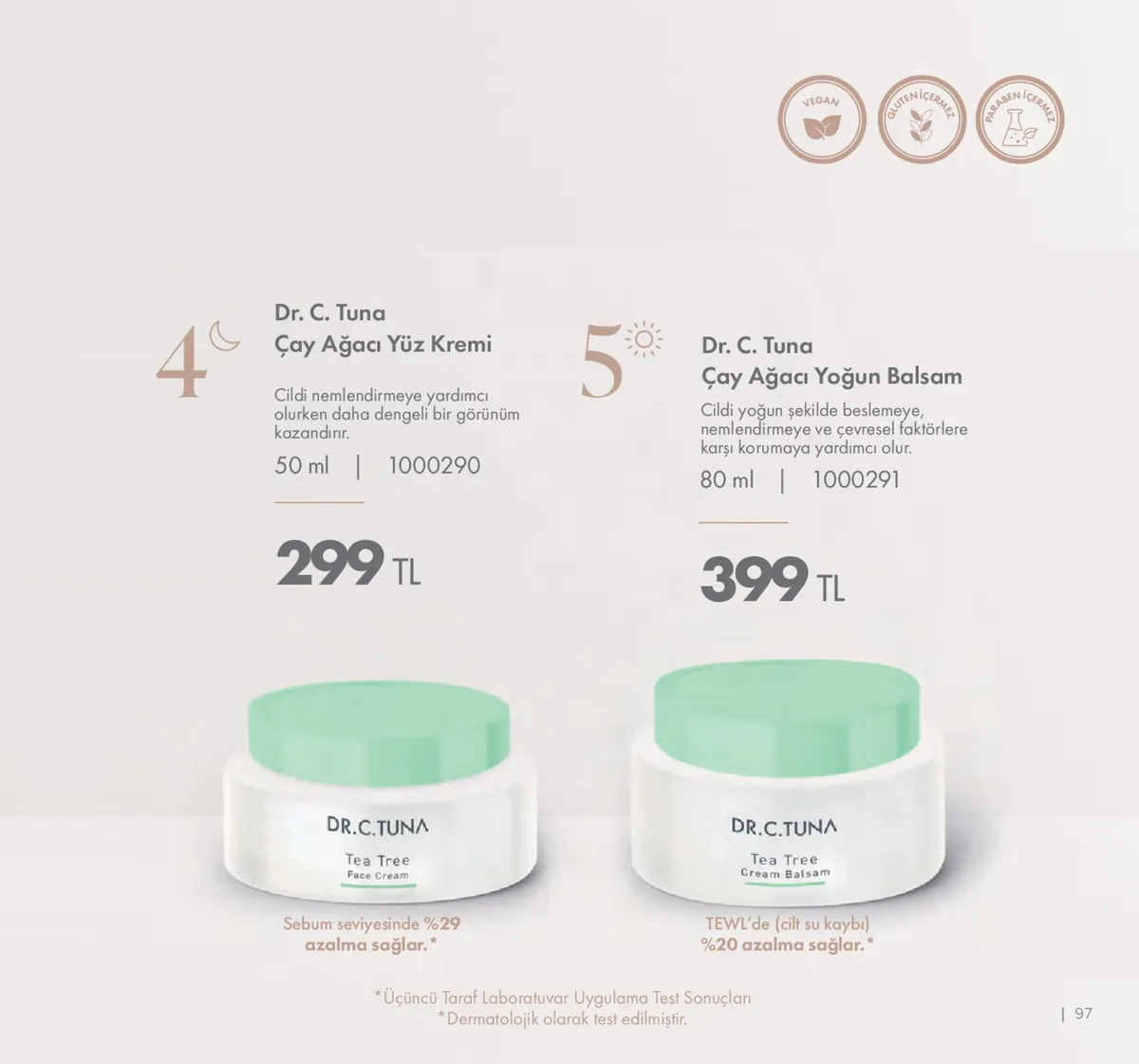 Farmasi Farmasi 1 Mayıs 2026 Aktüel Kataloğu sayfa 97: Dr. C. Tuna Çay Ağacı Yoğun Balsam 80 Ml, Dr. C. Tuna Çay Ağacı Yüz Kremi 50 Ml
