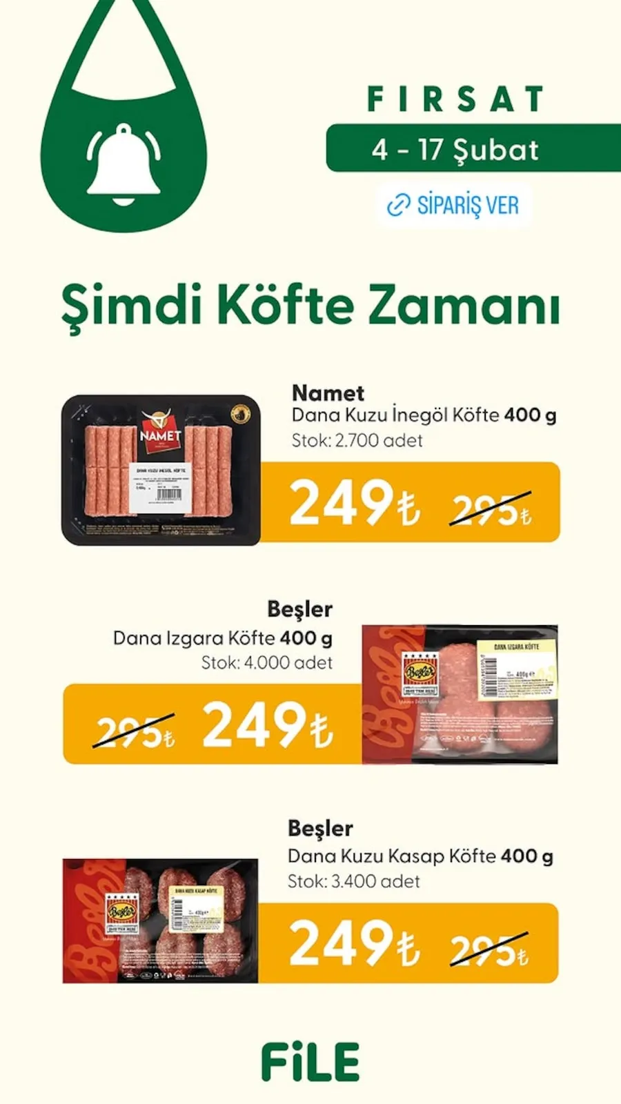 File File Market 4 Şubat 2026 Aktüel Kataloğu sayfa 1: Beşler Dana Kuzu Kasap Köfte 400 G, Namet Dana Kuzu İnegöl Köfte 400 G