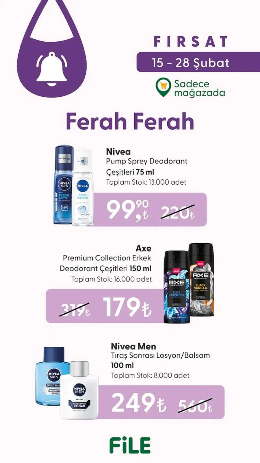 File File Market 15 Şubat 2026 Aktüel Kataloğu sayfa 1: Nivea Pump Sprey Deodorant Çeşitleri 75 Ml, Nivea Men Tıraş Sonrası Losyon/Balsam 100 Ml
