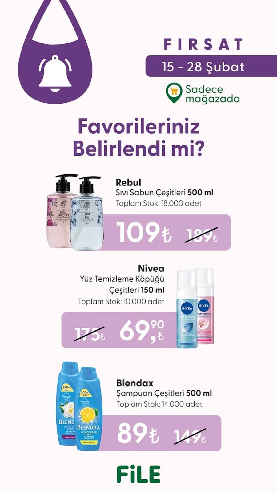 File File Market 15 Şubat 2026 Aktüel Kataloğu sayfa 2: Rebul Sıvı Sabun Çeşitleri 500 Ml, Blendax Şampuan Çeşitleri 500 Ml