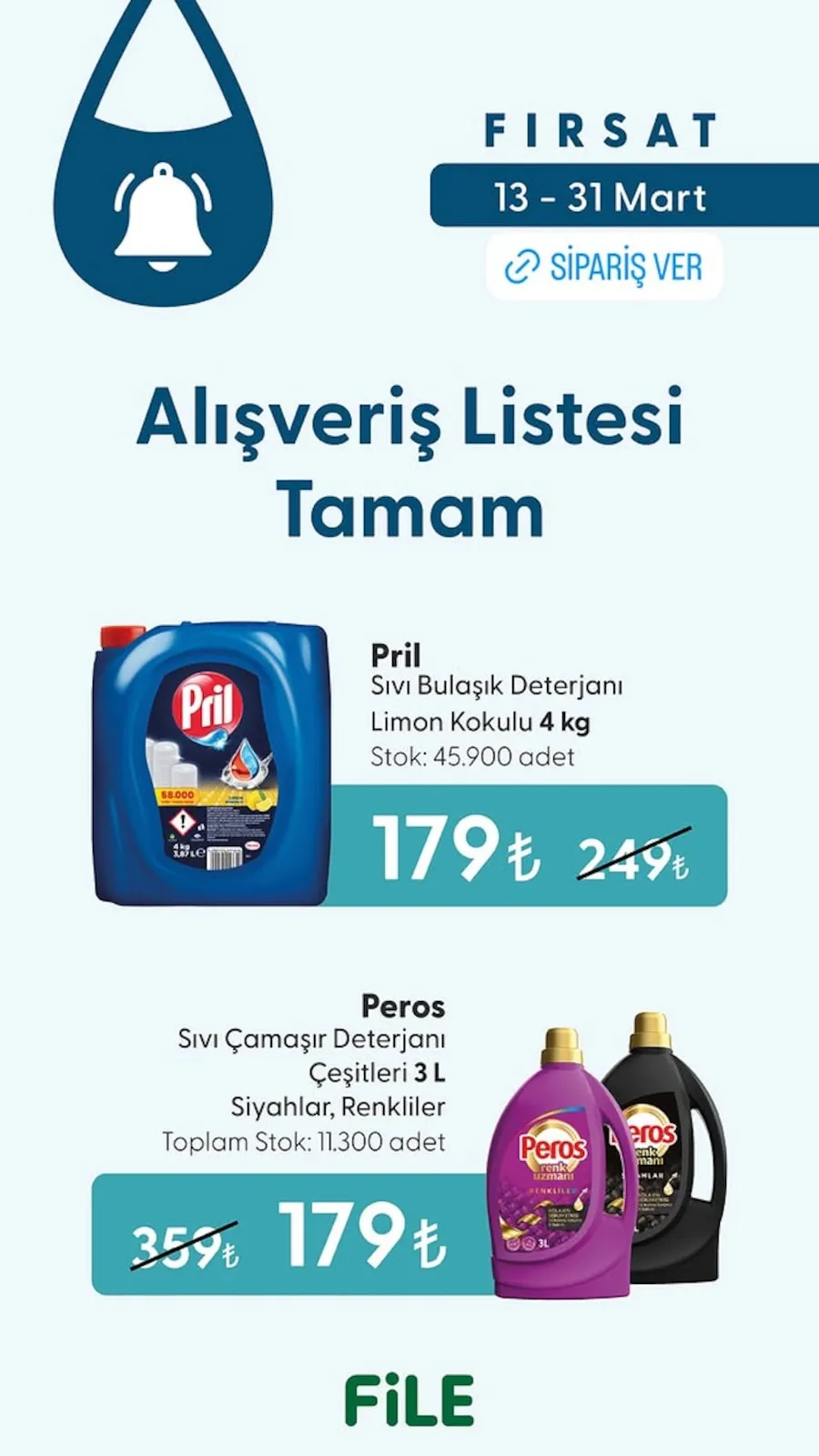 File File Market 13 Mart 2026 Aktüel Kataloğu sayfa 1: Peros Sıvı Çamaşır Deterjanı Çeşitleri 3 L, Pril Sıvı Bulaşık Deterjanı Limon Kokulu 4 Kg