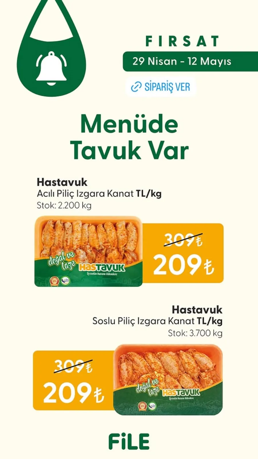File File Market 29 Nisan 2026 Aktüel Kataloğu sayfa 1: Hastavuk Soslu Piliç Izgara Kanat Tl/Kg, Hastavuk Acılı Piliç Izgara Kanat Tl/Kg