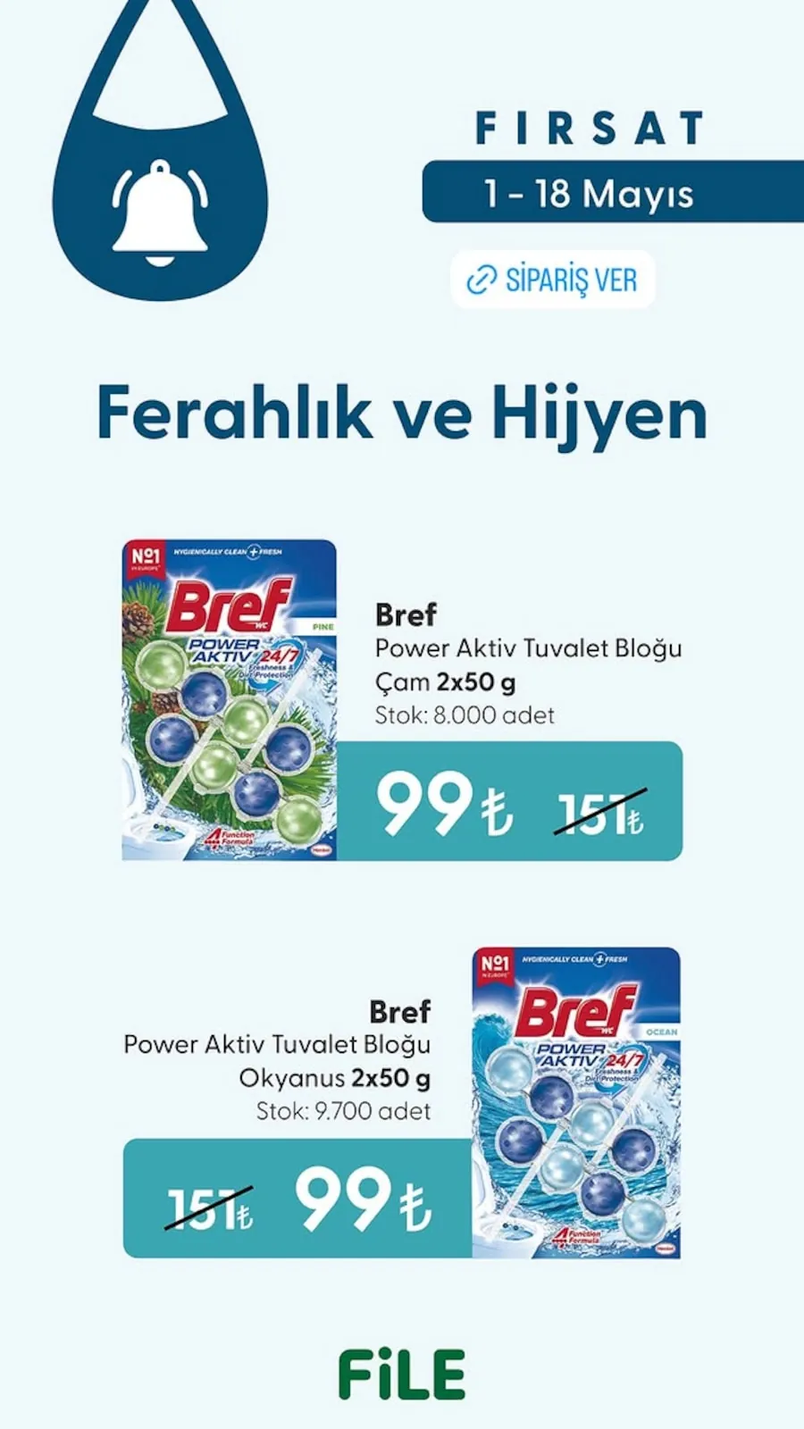 File File Market 1 Mayıs 2026 Aktüel Kataloğu sayfa 2: Bref Power Aktiv Tuvalet Bloğu Çam 2X50G, Bref Power Aktiv Tuvalet Bloğu Okyanus 2X50G