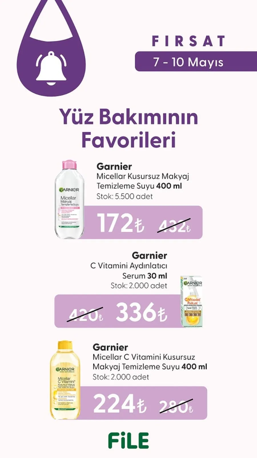 File File Market 7 Mayıs 2026 Aktüel Kataloğu sayfa 1: Garnier Micellar C Vitamini Kusursuz Makyaj Temizleme Suyu 400 Ml, Garnier C Vitamini Aydinlatici Serum 30 Ml