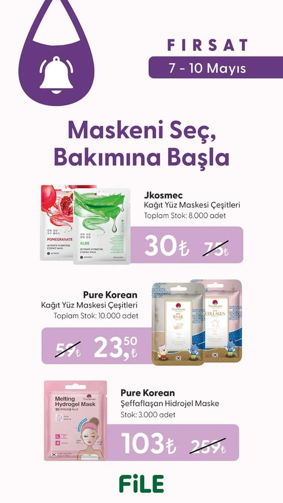File File Market 7 Mayıs 2026 Aktüel Kataloğu sayfa 2: Pure Korean Saf Hidrojel Maske 1 Adet, Pure Korean Kağıt Yüz Maskesi Çeşitleri 1'Li