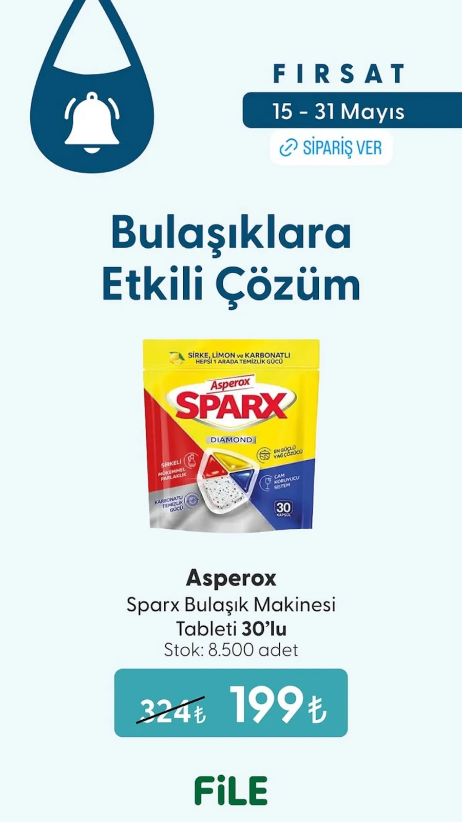 File File Market 15 Mayıs 2026 Aktüel Kataloğu sayfa 2: Asperox Sparx Bulaşık Makinesi Tableti 30'Lu