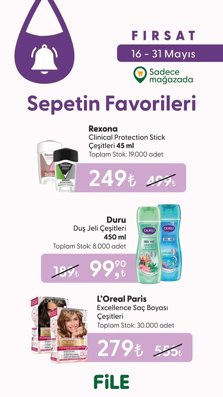 File File Market 16 Mayıs 2026 Aktüel Kataloğu sayfa 3: L'Oreal Paris Excellence Saç Boyası Çeşitleri, Duru Dus Jeli Çeşitleri 450 Ml