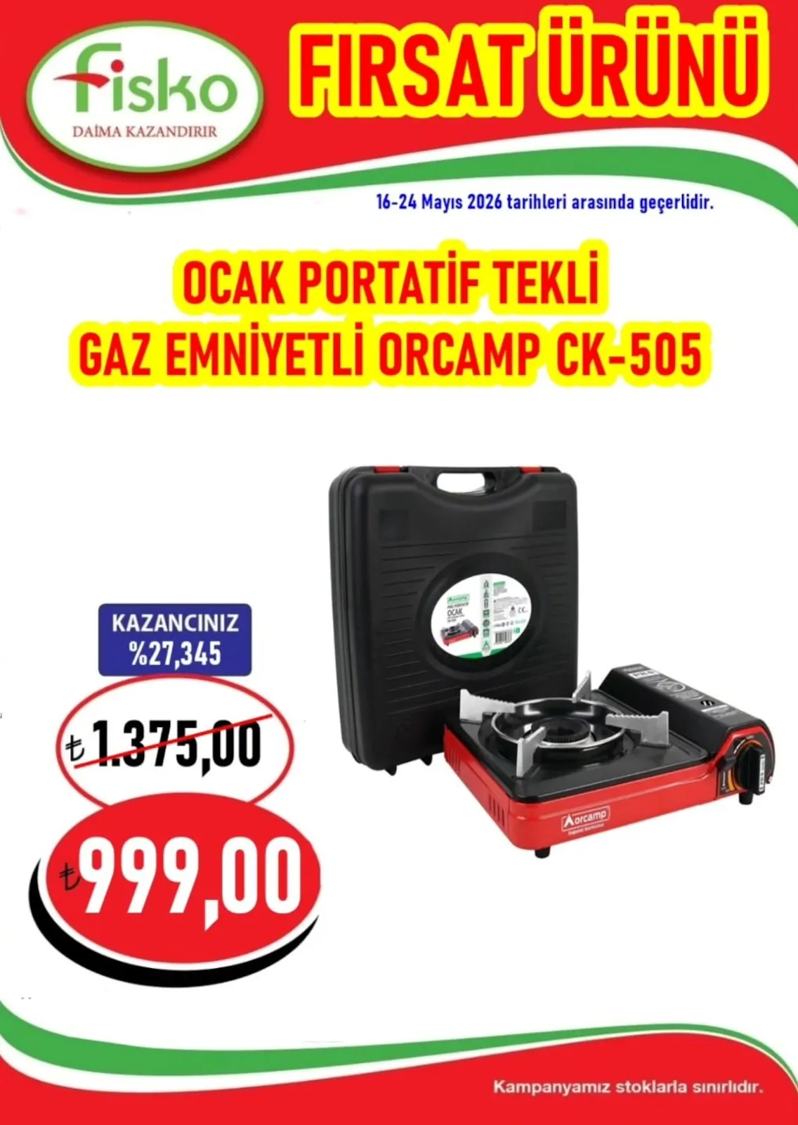 Fiskomar Fiskomar 16 Mayıs 2026 Aktüel Kataloğu sayfa 1: Ocak Portatif Tekli Gaz Emniyetli Orcamp Ck-505
