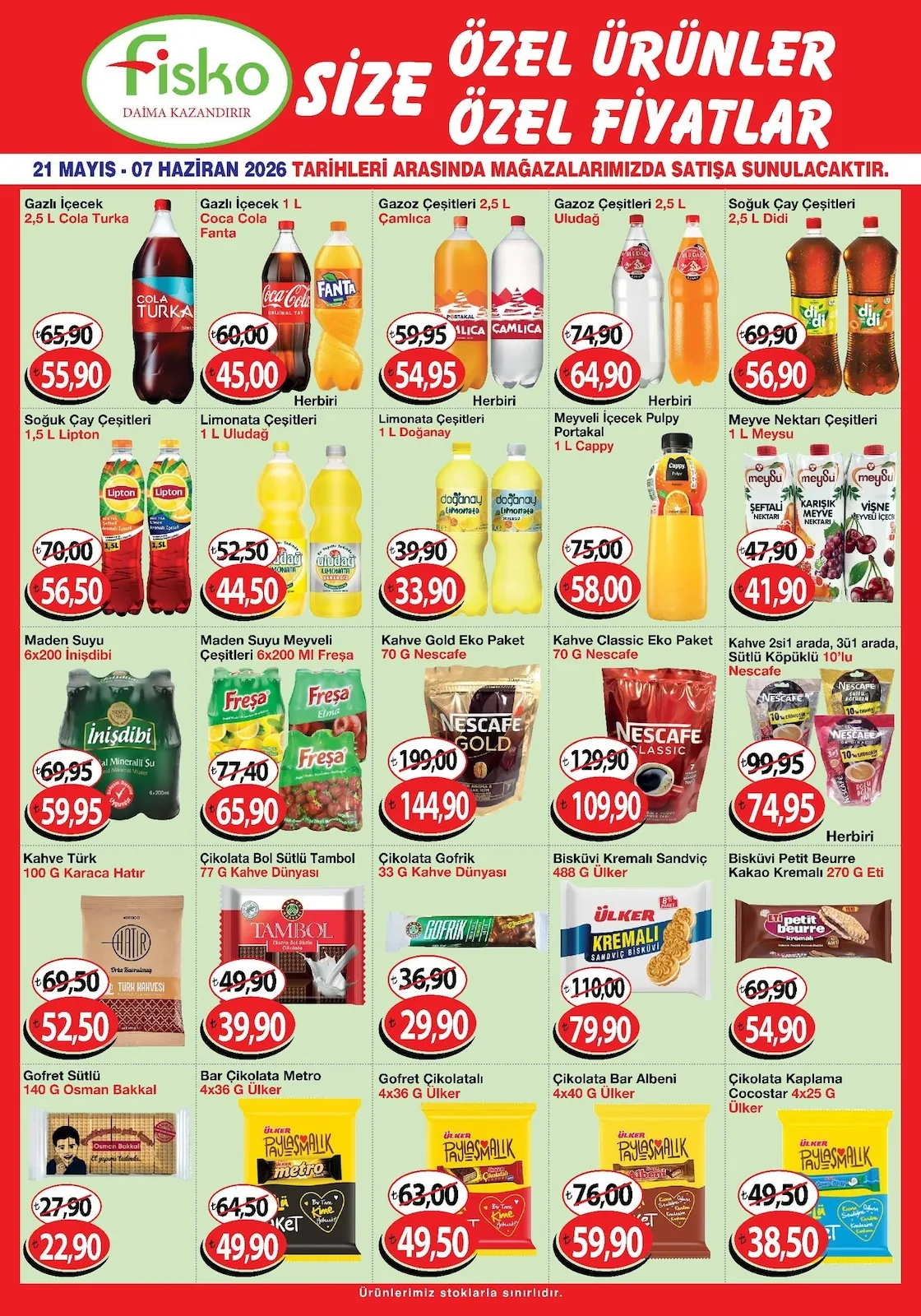 Fiskomar Fiskomar 21 Mayıs 2026 Aktüel Kataloğu sayfa 2: Maden Suyu 6X200 Ml İnişdibii, Çikolata Bol Sütlü Tambol 77G Kahve Dünyası
