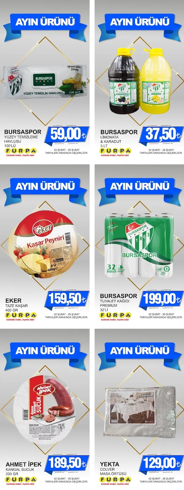 Furpa Furpa Market 2 Şubat 2026 Aktüel Kataloğu sayfa 3: Bursaspor Yüzey Temi̇Zleme Havlusu 100'Lü, Bursaspor Tuvalet Kağidi Premium 32'Li̇