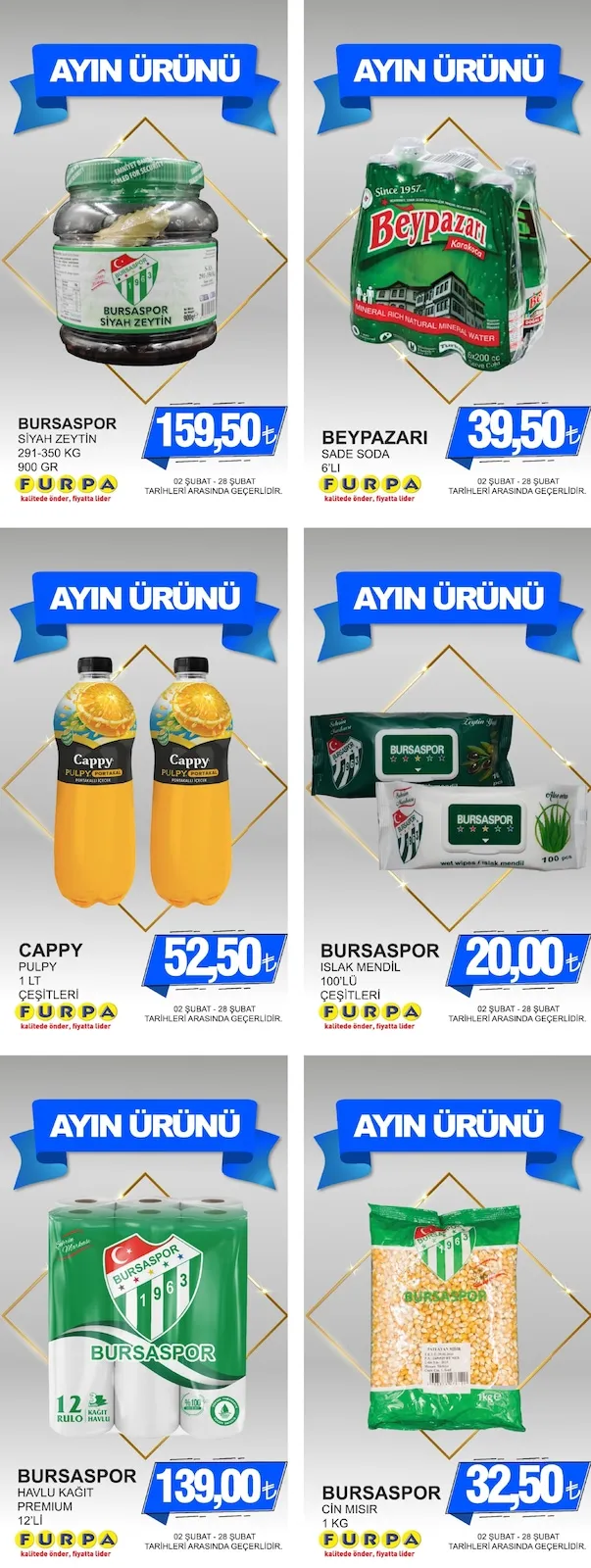 Furpa Furpa Market 2 Şubat 2026 Aktüel Kataloğu sayfa 4: Bursaspor Çi̇N Misir 1 Kg, Bursaspor Si̇Yah Zeyti̇N 291-350 Gr 900 Gr