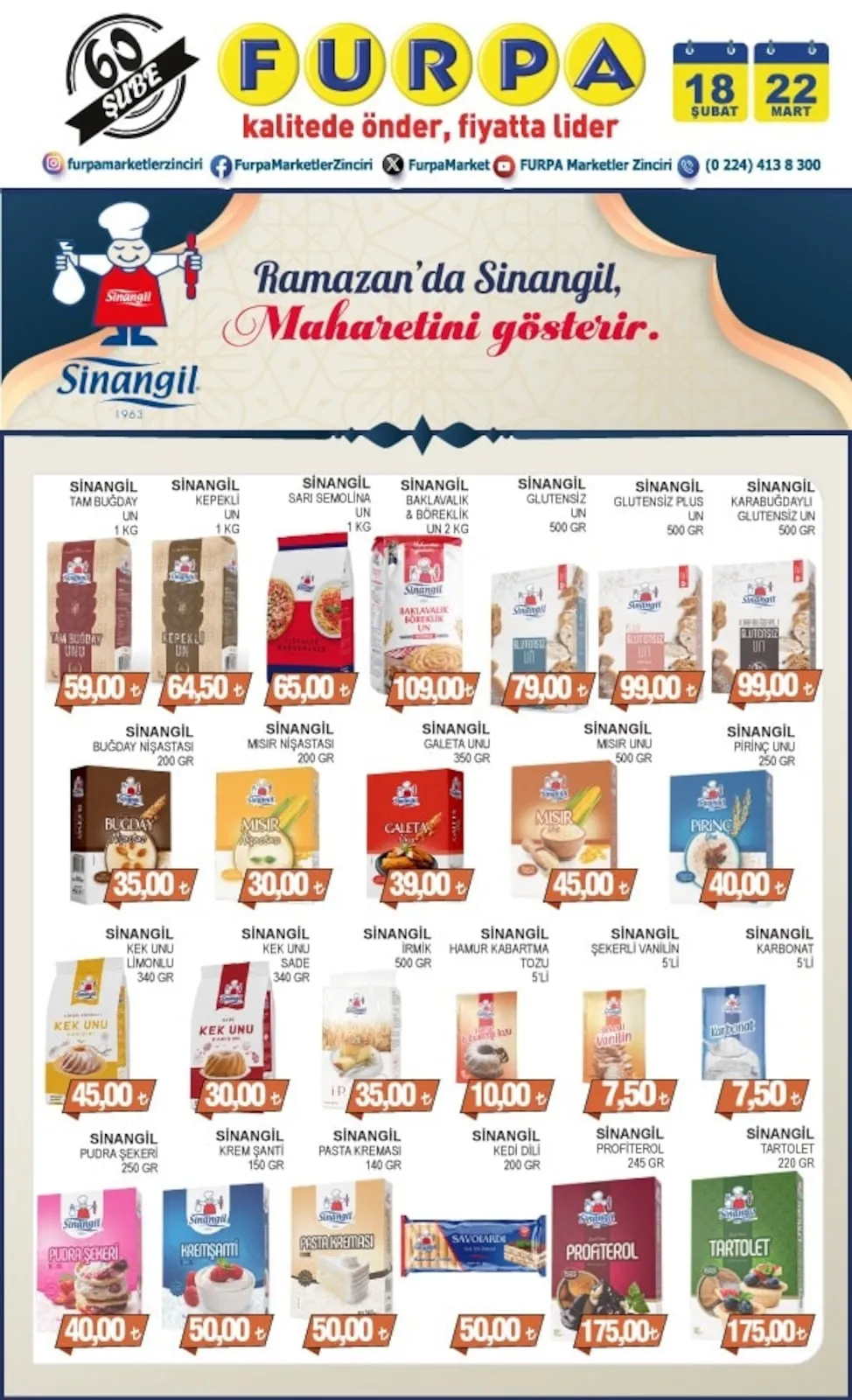 Furpa Furpa Market 18 Şubat 2026 Aktüel Kataloğu sayfa 1: Sinangil Kek Unu Limonlu 340 Gr, Sinangil Tartölet 220 Gr