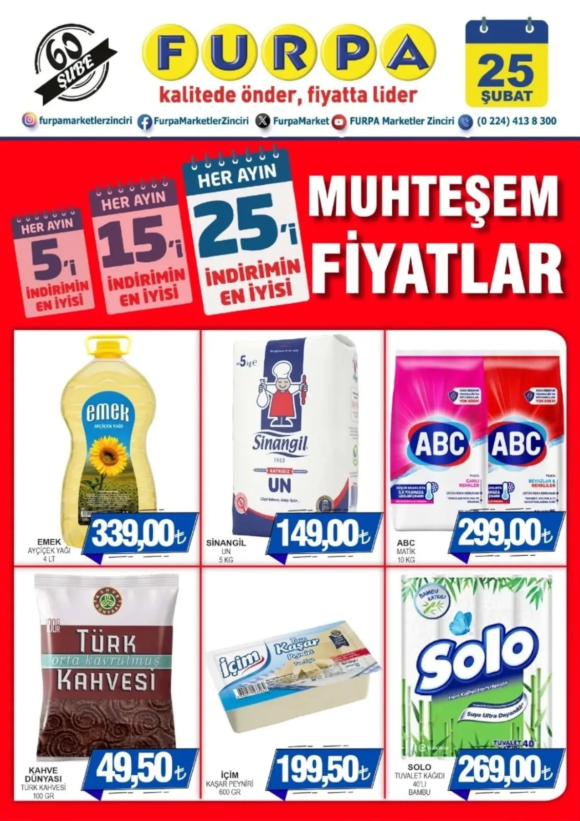 Furpa Furpa Market 25 Şubat 2026 Aktüel Kataloğu sayfa 1: Emek Ayçiçek Yağı 4 Lt, Si̇Nangi̇L Un 5 Kg