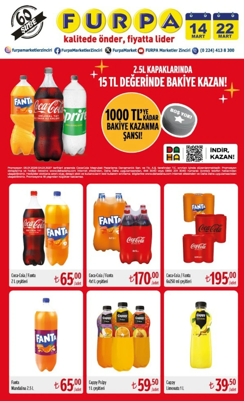 Furpa Furpa Market 14 Mart 2026 Aktüel Kataloğu sayfa 1: Coca-Cola / Fanta 2 L Çeşitleri, Cappy Pulpy 1 L Çeşitleri