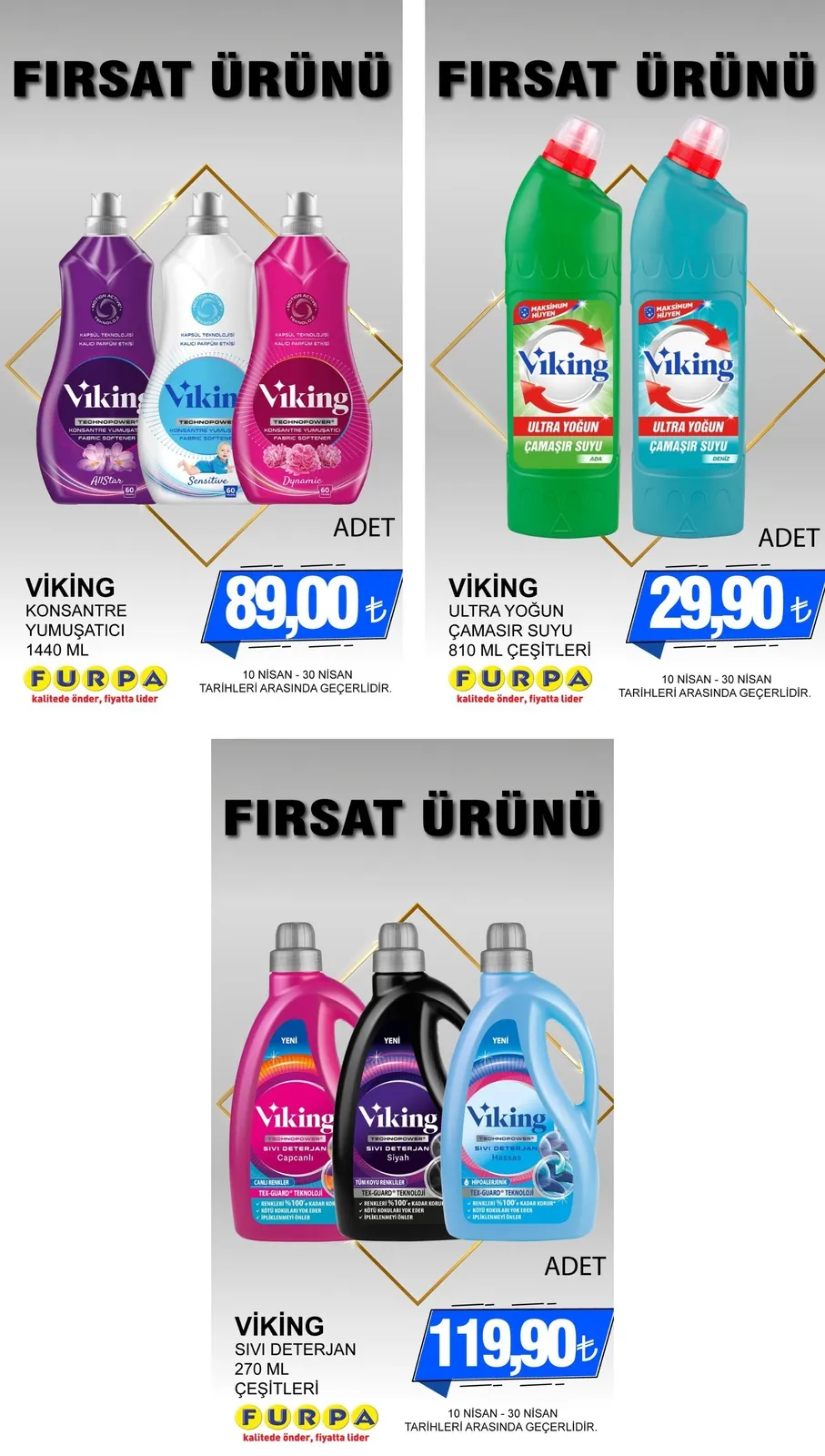 Furpa Furpa Market 10 Nisan 2026 Aktüel Kataloğu sayfa 1: Viking Konsantre Yumuşatici 1440 Ml, Viking Ultra Yoğun Çamaşir Suyu 810 Ml