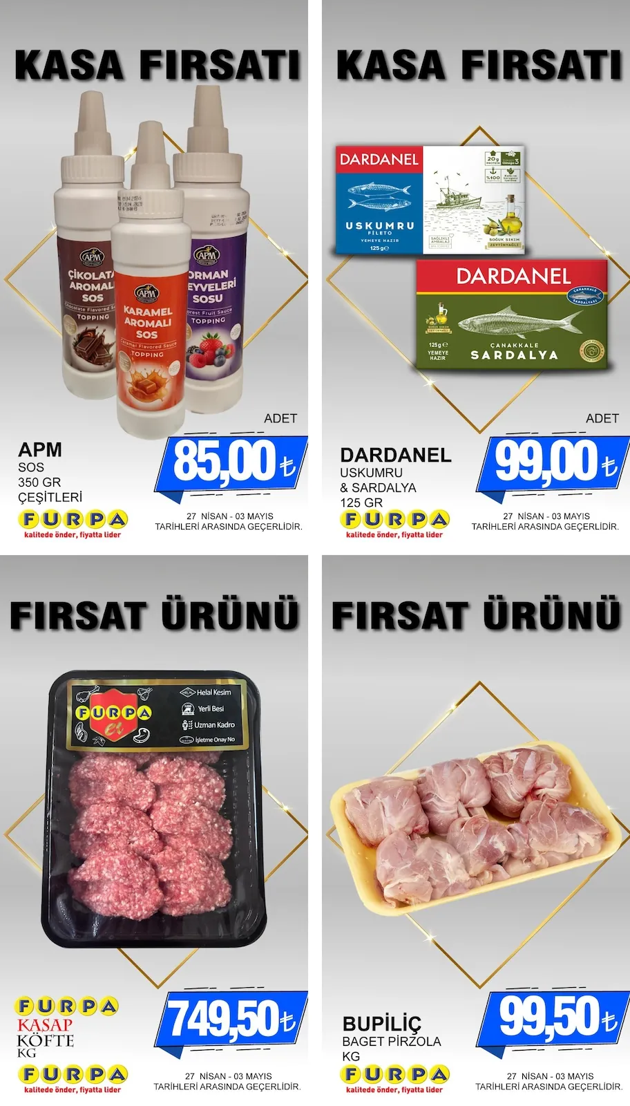 Furpa Furpa Market 27 Nisan 2026 Aktüel Kataloğu sayfa 1: Buğrulic Baget Pirzola Kg, Apm Sos 350Gr Çeşitleri