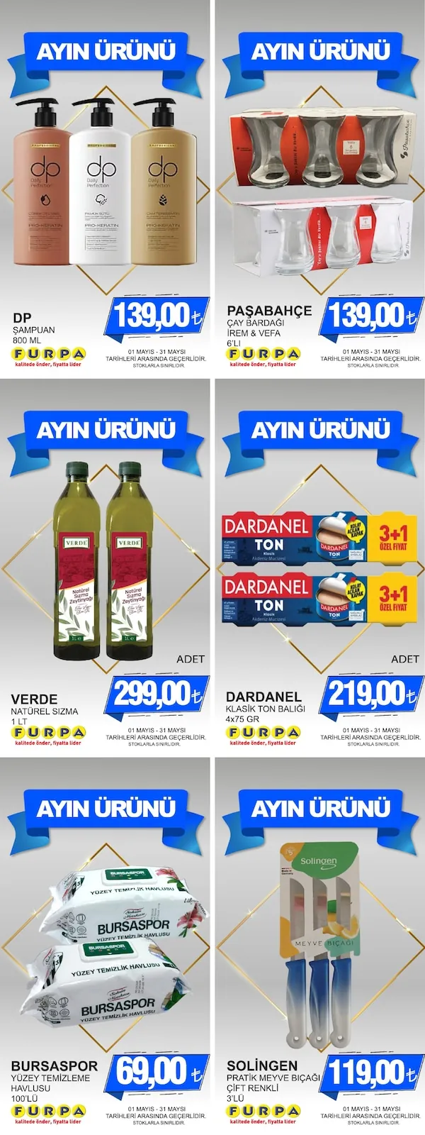 Furpa Furpa Market 1 Mayıs 2026 Aktüel Kataloğu sayfa 1: Solingen Pratik Meyve Bıçağı Çift Renkli 3'Lü, Dp Şampuan 800 Ml