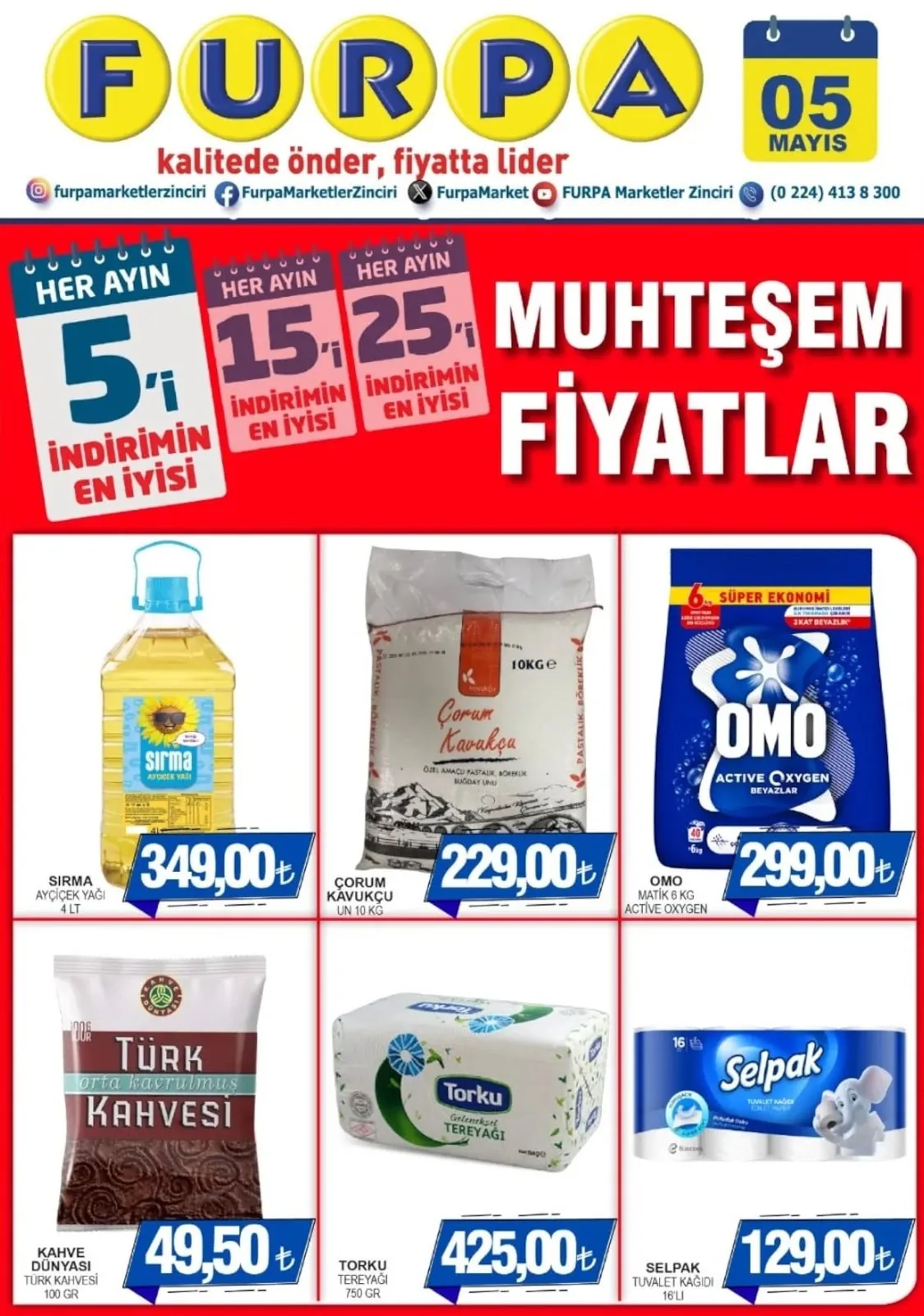 Furpa Furpa Market 5 Mayıs 2026 Aktüel Kataloğu sayfa 1: Omo Matik 6 Kg Active Oxygen, Sırma Ayçiçek Yağı 4 Lt