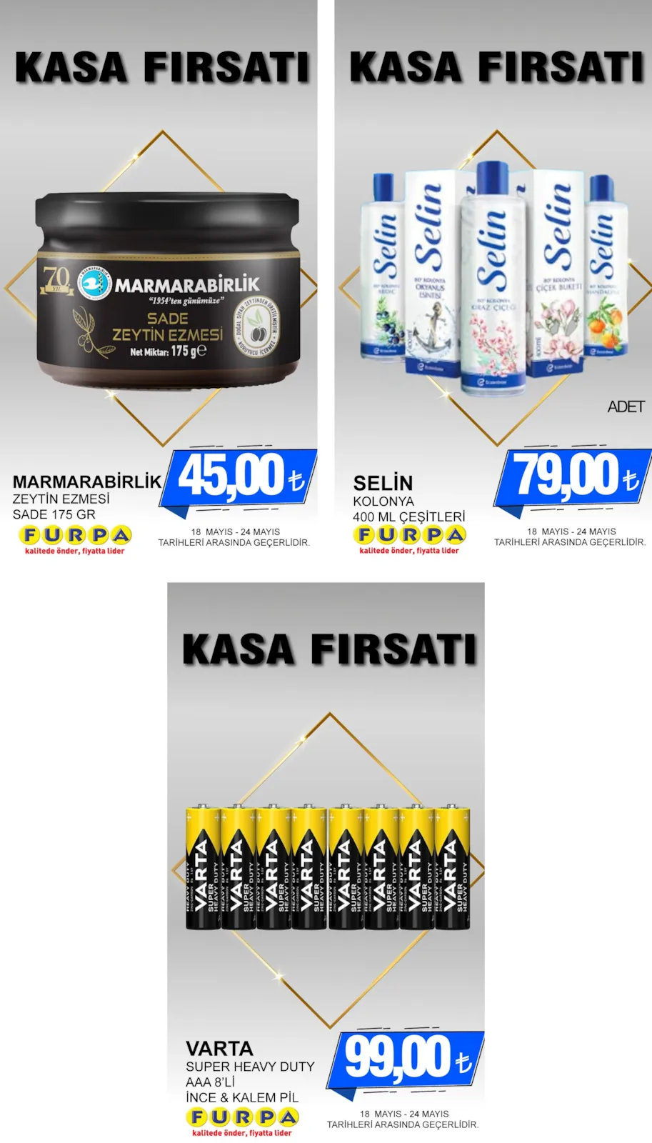 Furpa Furpa Market 18 Mayıs 2026 Aktüel Kataloğu sayfa 1: Selin Kolonya 400Ml, Marmarabirlik Zeytin Ezmesi Sade 175G