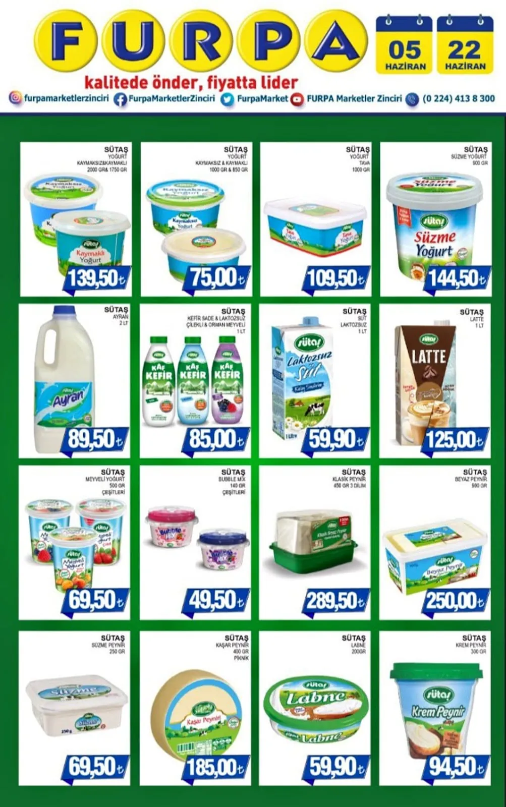 Furpa Furpa Market 5 Haziran 2026 Aktüel Kataloğu sayfa 1: Sütaş Süt Laktozsuz Süt 1 Lt, Sütaş Klasik Peynir 450Gr 3 Dilim