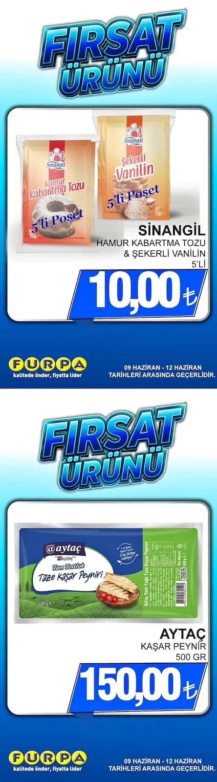 Furpa Furpa Market 9 Haziran 2026 Aktüel Kataloğu sayfa 1: Aytaç Tam Yağlı Taze Kaşar Peyniri 500G, Sinangil Hamur Kabartma Tozu & Şekerli Vanilin 5'Li