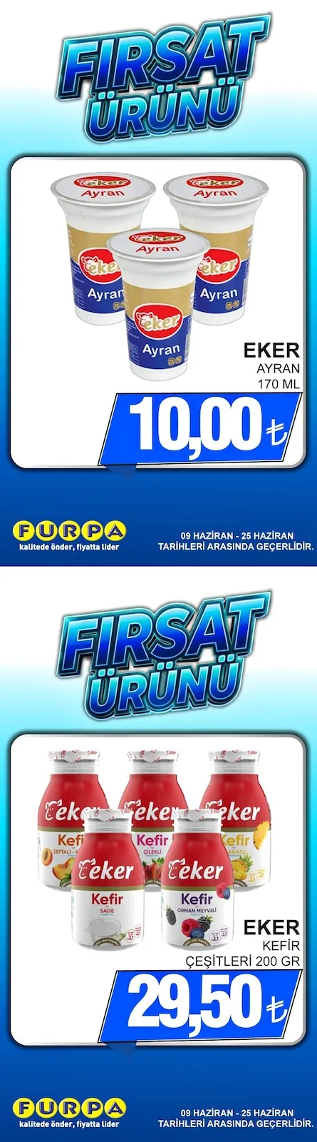 Furpa Furpa Market 9 Haziran 2026 Aktüel Kataloğu sayfa 1: Eker Ayran 170 Ml, Eker Kefir Çeşitleri 200 Gr
