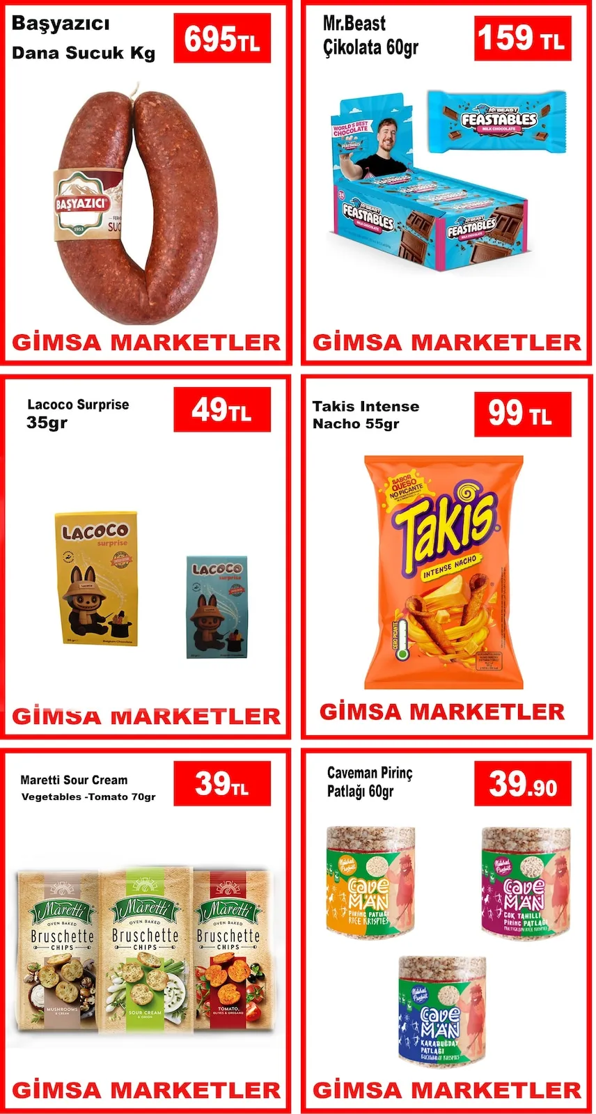 Gimsa Gimsa 26 Mart 2026 Aktüel Kataloğu sayfa 5: Başyazıcı Dana Sucuk Kg, Takis Intense Nacho 55Gr