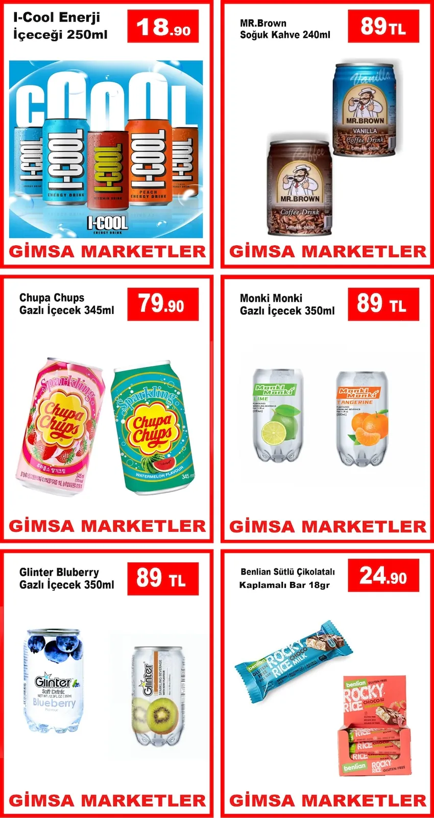 Gimsa Gimsa 9 Nisan 2026 Aktüel Kataloğu sayfa 3: Chupa Chups Gazlı İçecek 345Ml, I-Cool Enerji İçeceği 250Ml