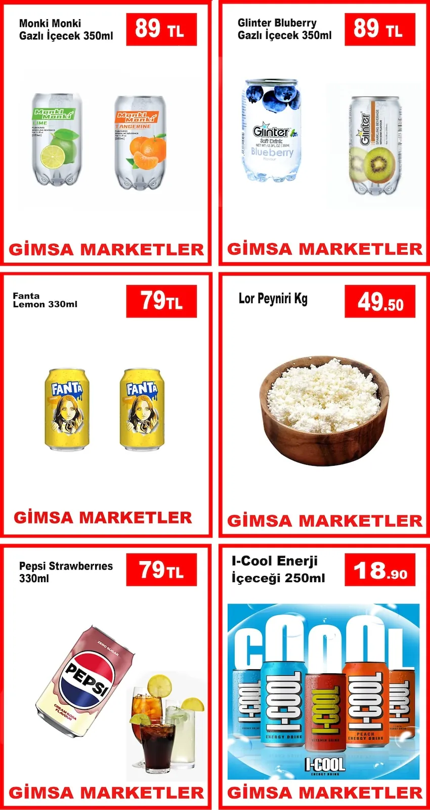 Gimsa Gimsa 20 Nisan 2026 Aktüel Kataloğu sayfa 1: Pepsi Strawberries 330Ml, I-Cool Enerji İçeceği 250Ml