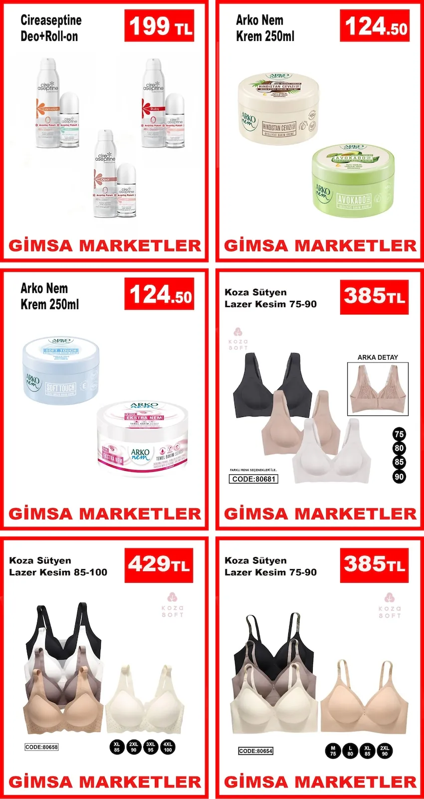 Gimsa Gimsa 23 Nisan 2026 Aktüel Kataloğu sayfa 2: Arko Nem Krem 250Ml Hindistan Cevizi, Koza Sütyen Lazer Kesim