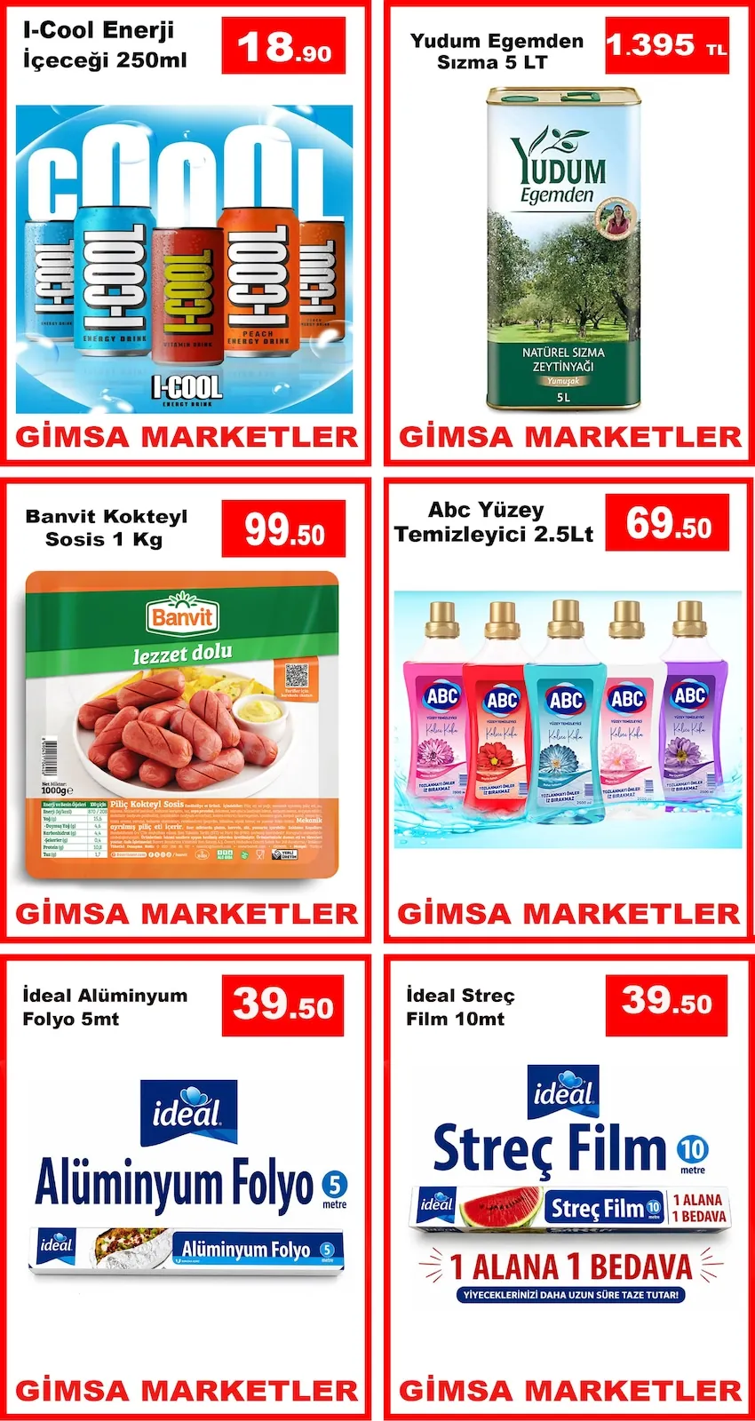 Gimsa Gimsa 24 Nisan 2026 Aktüel Kataloğu sayfa 1: Yudum Egemden Sızma 5 Lt, I-Cool Enerji İçeceği 250Ml