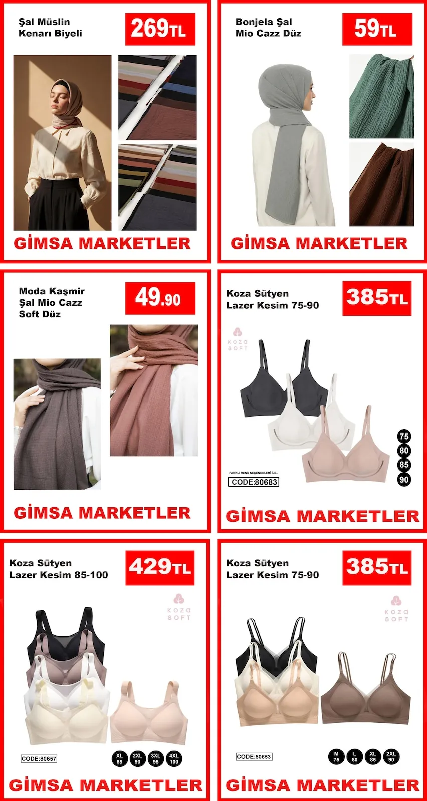 Gimsa Gimsa 25 Nisan 2026 Aktüel Kataloğu sayfa 2: Koza Sütyen Lazer Kesim 75-90, Bonjela Şal Mio Cazz Düz
