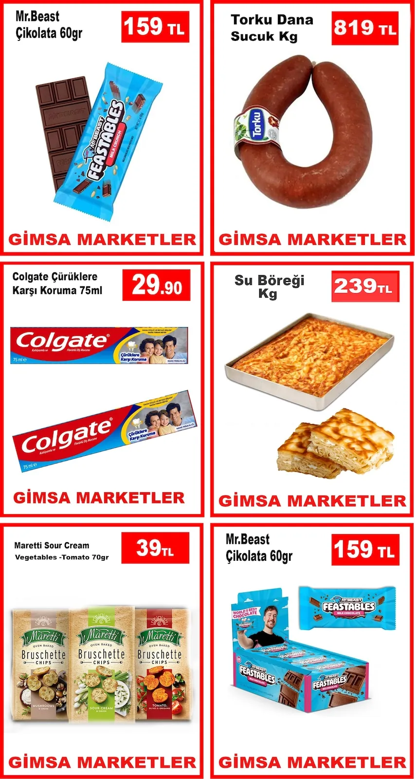 Gimsa Gimsa 27 Nisan 2026 Aktüel Kataloğu sayfa 5: Torku Dana Sucuk Kg, Mr.Beast Çikolata 60Gr