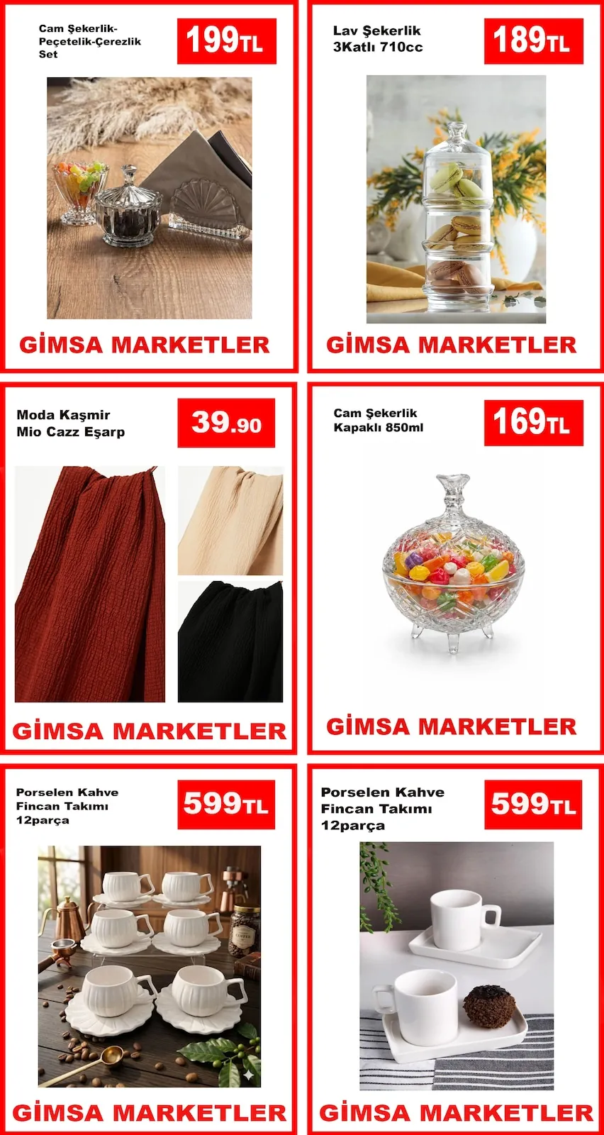 Gimsa Gimsa 28 Nisan 2026 Aktüel Kataloğu sayfa 1: Porselen Kahve Fincan Takimi 12Parca, Cam Sekerlik Kapakli 850Ml