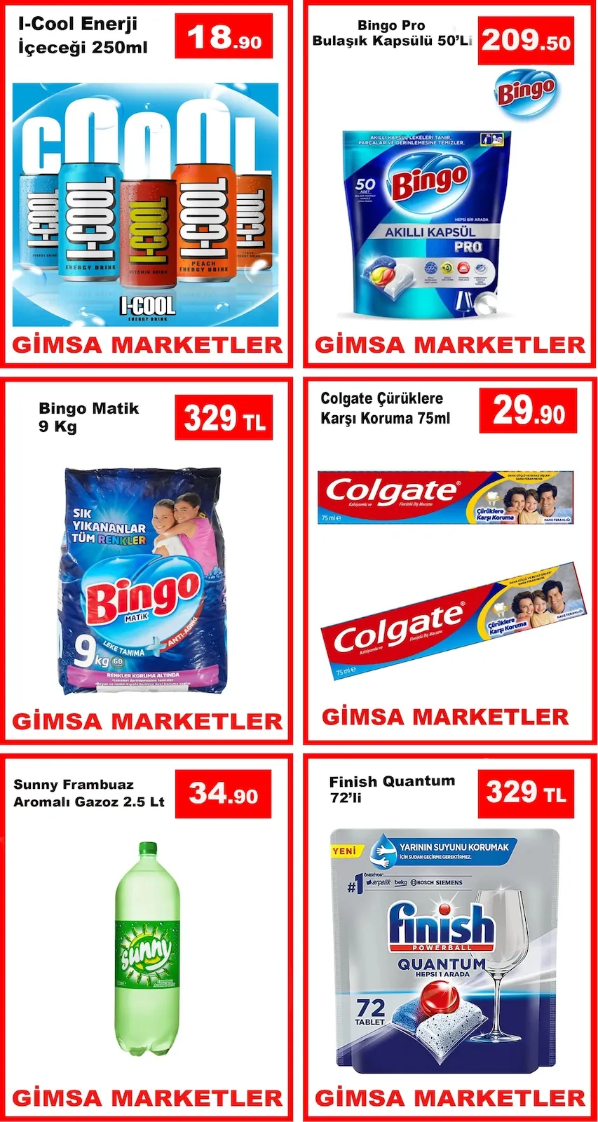 Gimsa Gimsa 29 Nisan 2026 Aktüel Kataloğu sayfa 1: Bingo Pro Bulaşik Kapsülü 50'Li, Sunny Frambuaz Aromali Gazoz 2.5 Lt