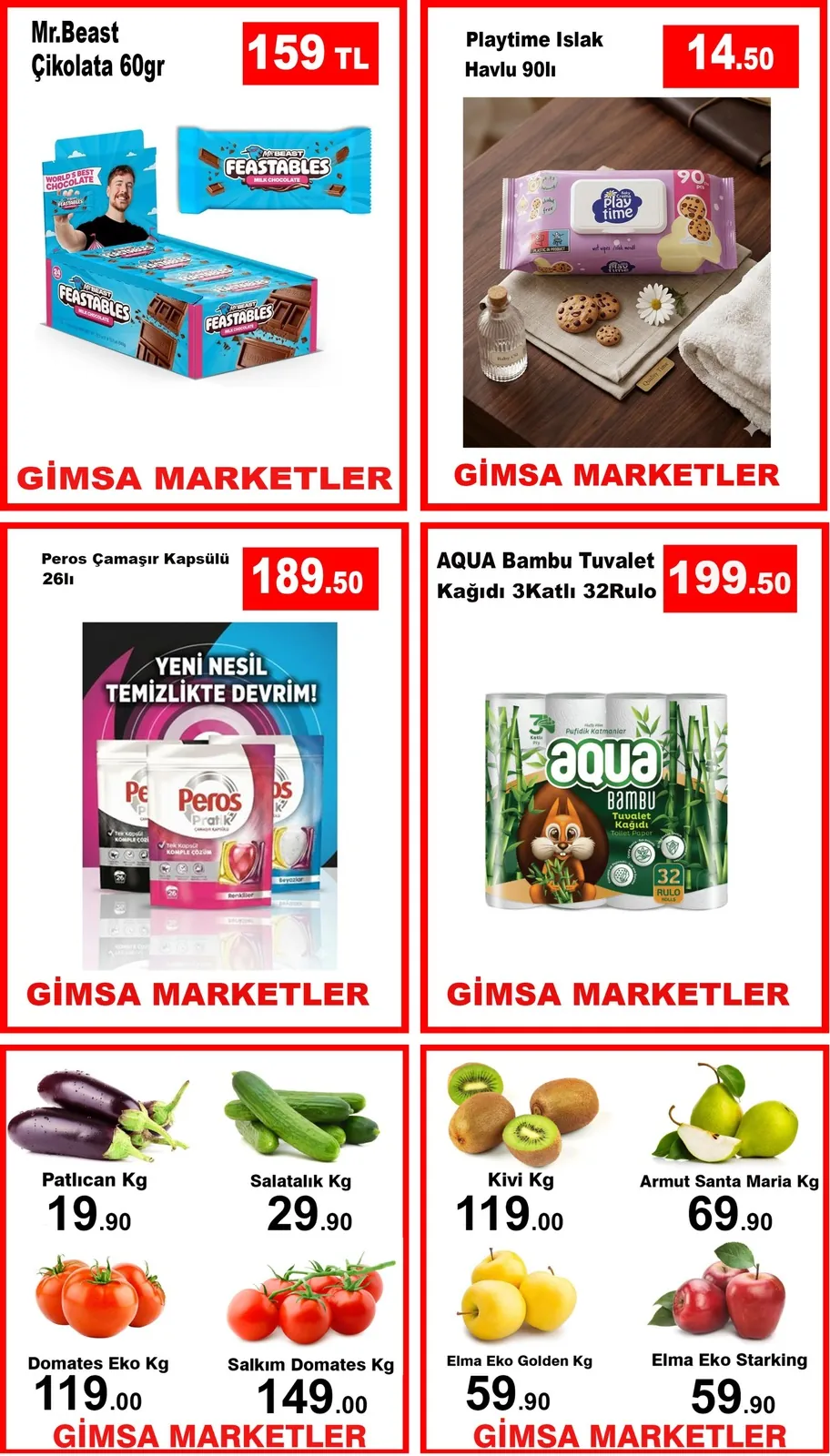 Gimsa Gimsa 29 Nisan 2026 Aktüel Kataloğu sayfa 7: Mr.Beast Çikolata 60G, Aqua Bambu Tuvalet Kağıdı 3Katlı 32Rulo