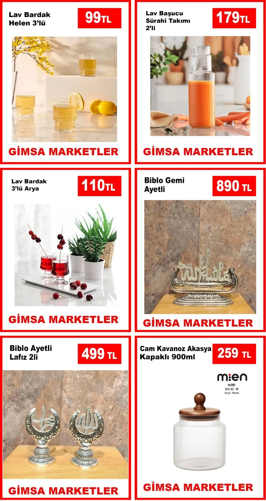 Gimsa Gimsa 30 Nisan 2026 Aktüel Kataloğu sayfa 1: Cam Kavanoz Akasya Kapaklı 900Ml, Lav Bardak 3'Lü Arya