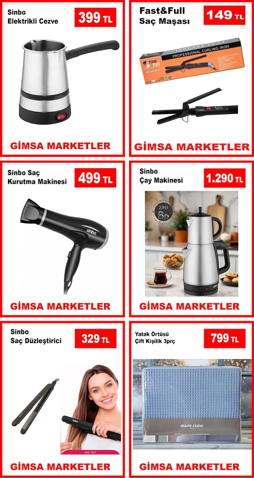 Gimsa Gimsa 1 Mayıs 2026 Aktüel Kataloğu sayfa 10: Sinbo Elektrikli Cezve, Fast & Full Saç Maşasi