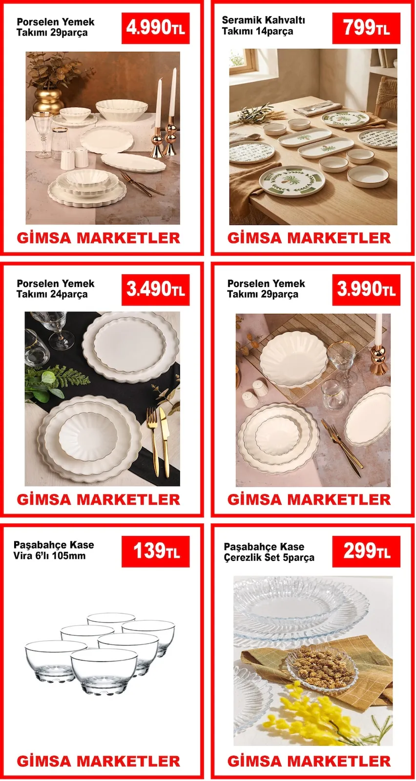 Gimsa Gimsa 1 Mayıs 2026 Aktüel Kataloğu sayfa 3: Seramik Kahvaltı Takımı 14Parça, Paşabahçe Kase Çerezlik Set 5Parça