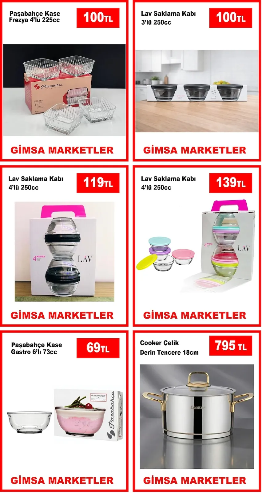 Gimsa Gimsa 1 Mayıs 2026 Aktüel Kataloğu sayfa 4: Paşabahçe Kase Gastro 6'Lı 73Cc, Cooker Çelik Derin Tencere 18Cm