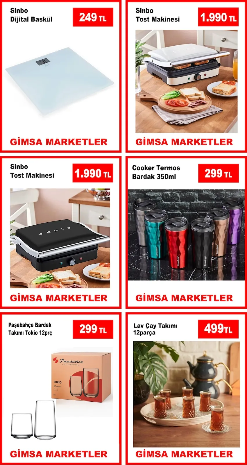 Gimsa Gimsa 1 Mayıs 2026 Aktüel Kataloğu sayfa 8: Sinbo Dijital Baskül, Lav Çay Takımı 12 Parça