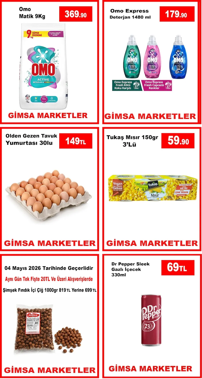 Gimsa Gimsa 4 Mayıs 2026 Aktüel Kataloğu sayfa 2: Dr Pepper Sleek Gazlı İçecek 330Ml, Olden Gezen Tavuk Yumurtası 30Lu