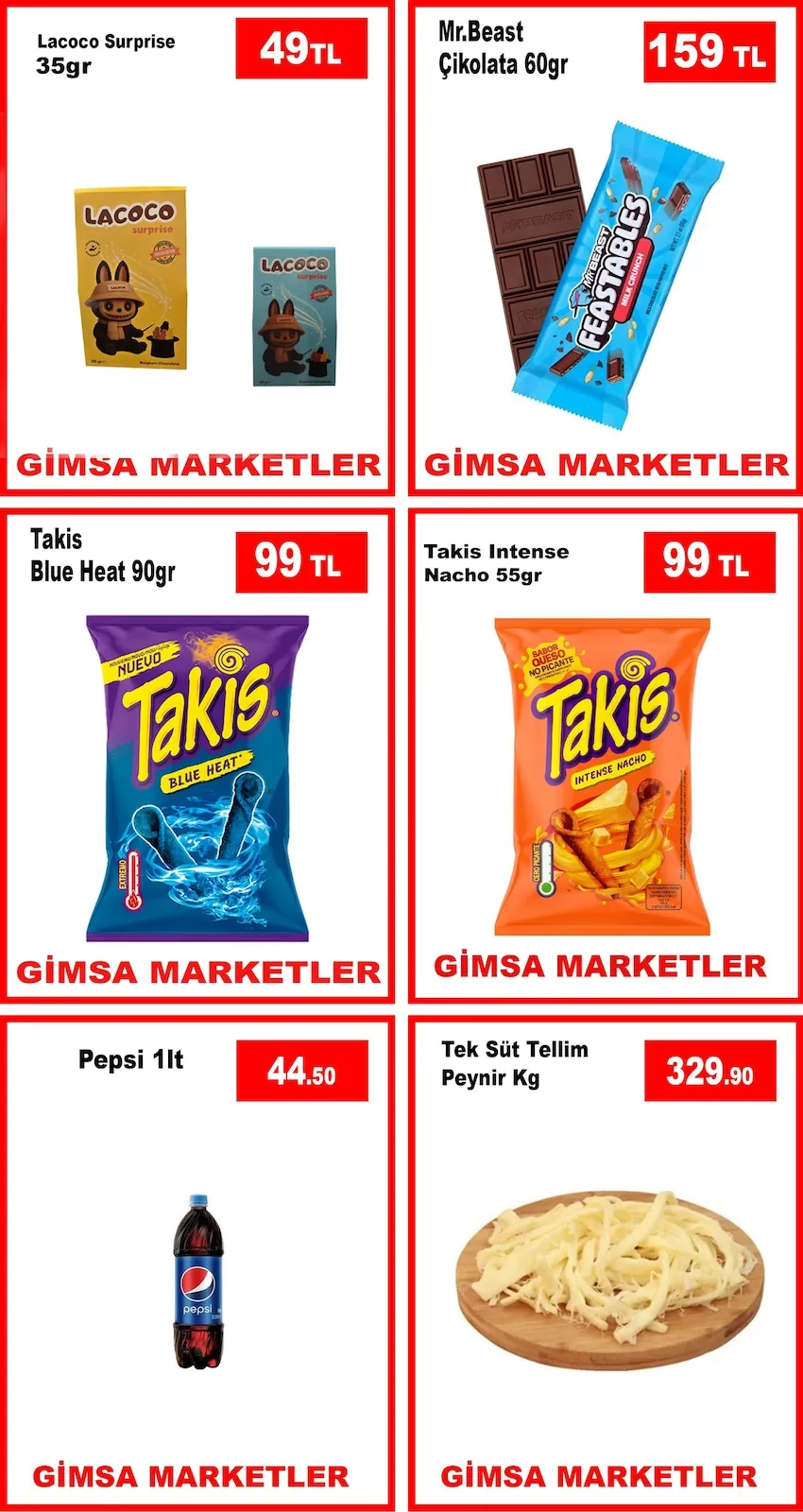 Gimsa Gimsa 5 Mayıs 2026 Aktüel Kataloğu sayfa 2: Mr.Beast Çikolata 60Gr, Takis Intense Nacho 55Gr
