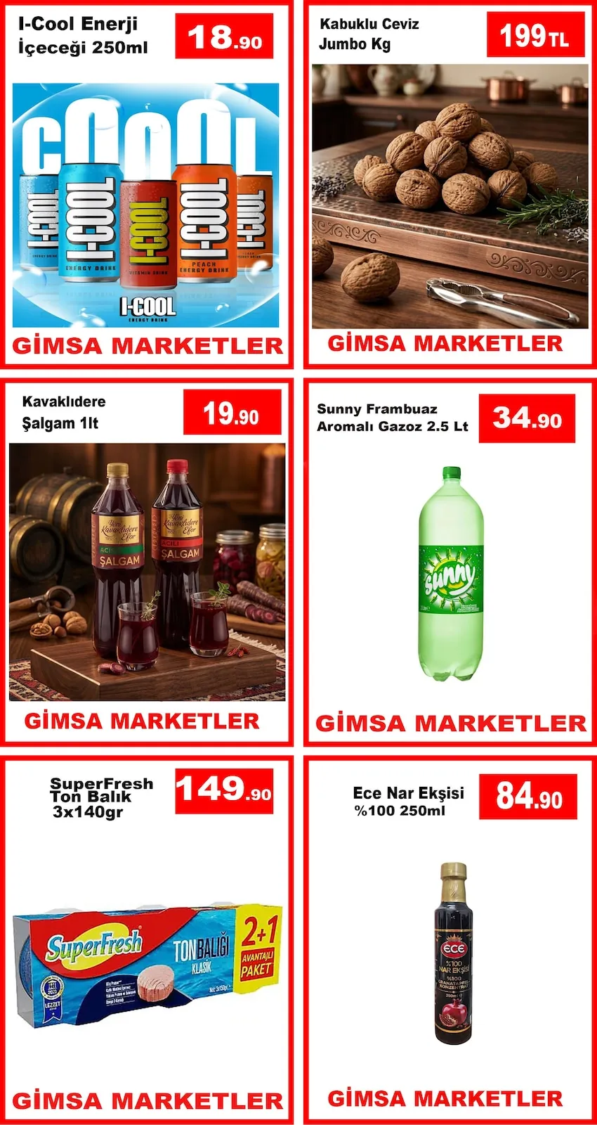 Gimsa Gimsa 6 Mayıs 2026 Aktüel Kataloğu sayfa 1: Sunny Frambuaz Aromalı Gazoz 2.5 Lt, Superfresh Ton Balık 3X140Gr